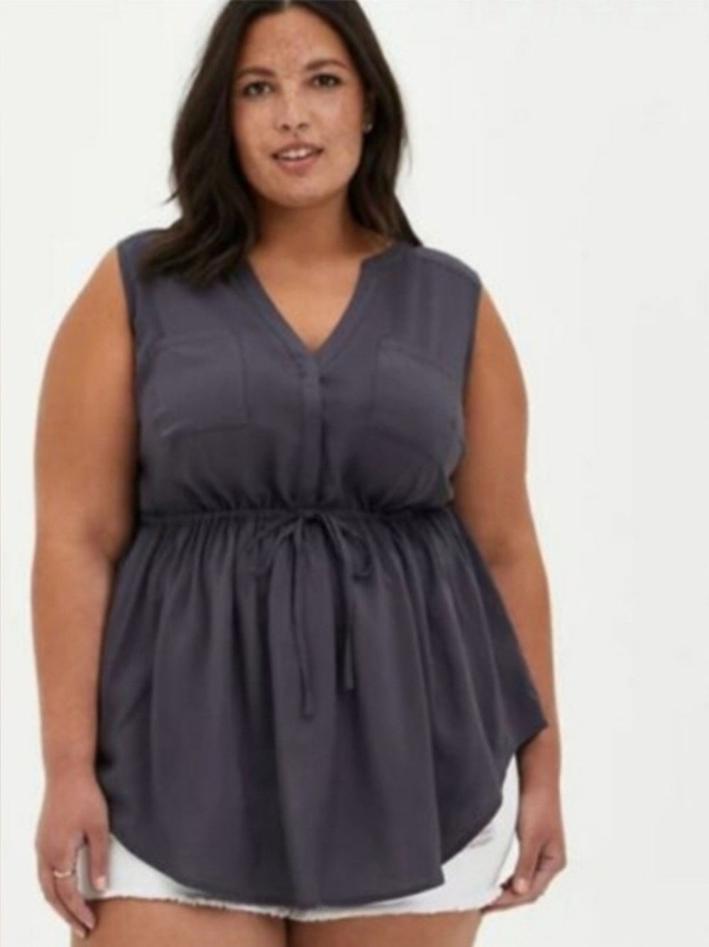 Torrid Sleeveless Drawstring Waist V-Neck Top - Charcoal